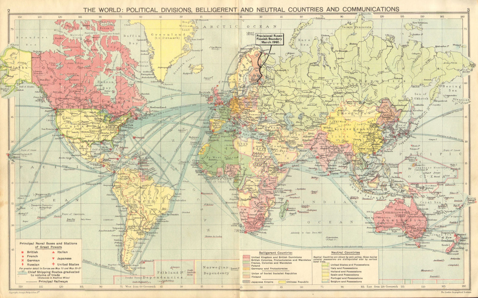 WORLD WAR 2.Belligerent/Neutrals Naval bases Occupied Poland/Manchuria 1940 map